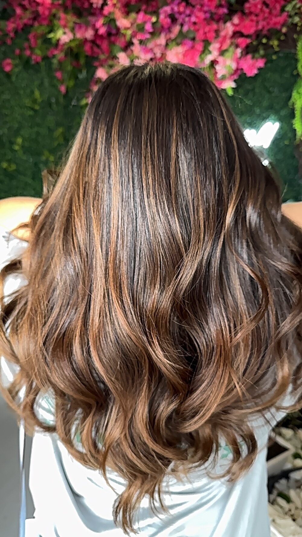 Brown hair with caramel balayage in loose waves, seen from behind