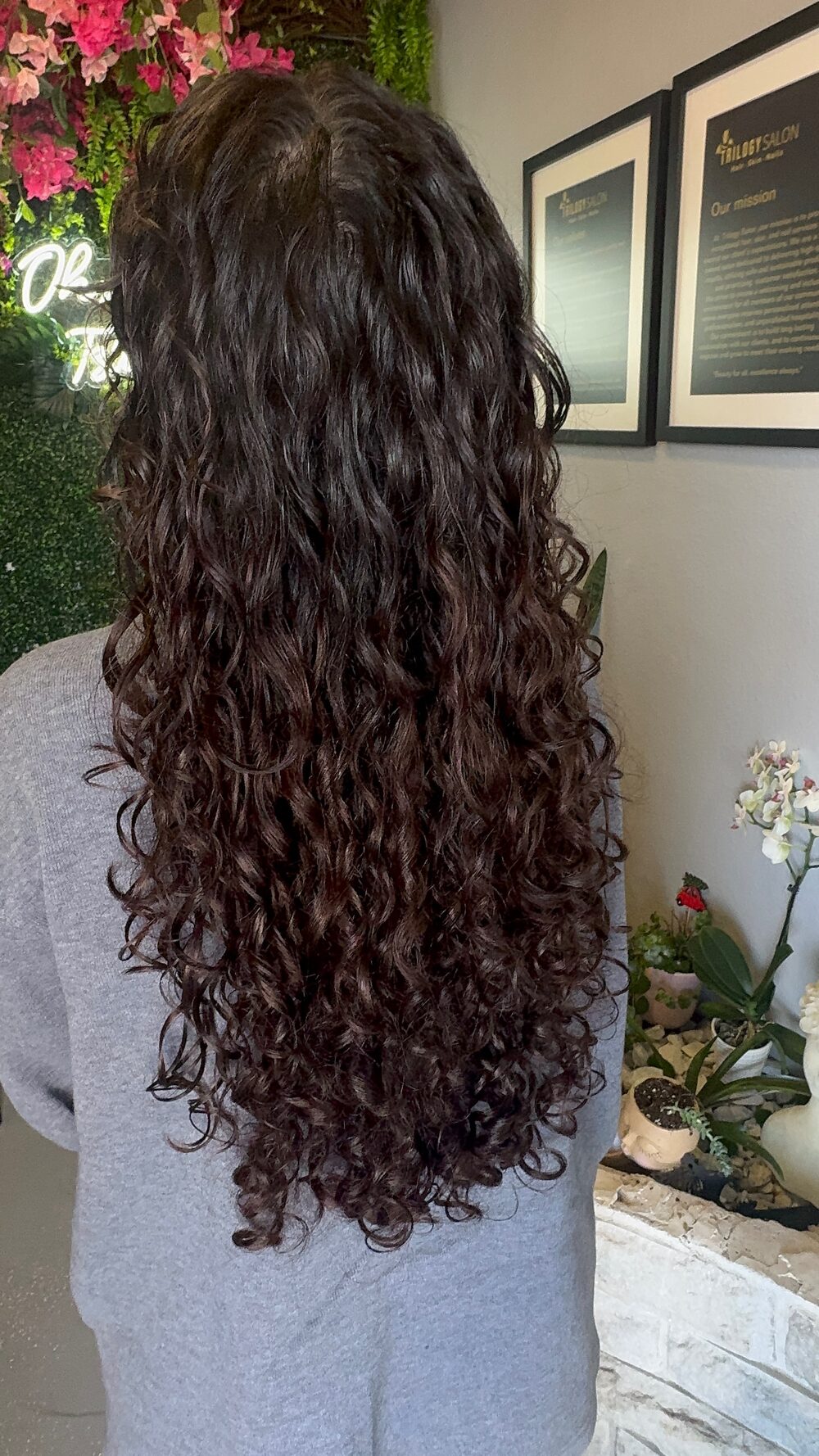 Long, dark, defined curls seen from behind